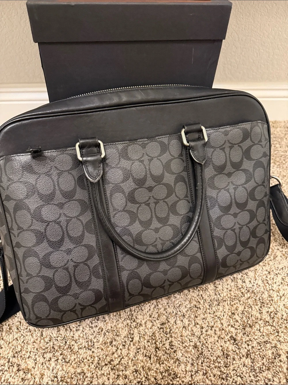 Coach Men's Charcoal/Black Signature Brief with Shoulder Strap
